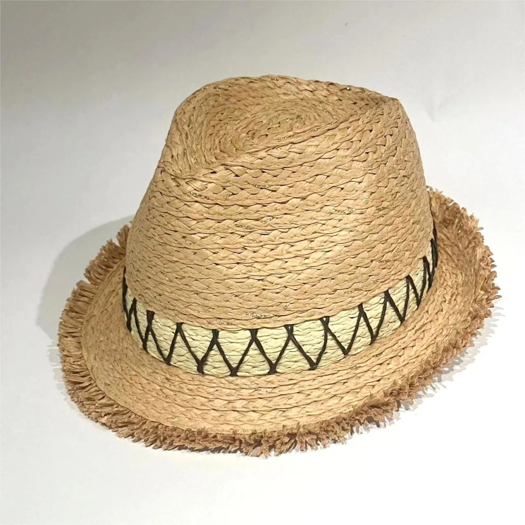 Customized Fashion Summer Paper Straw PU Webbing Rope Band Panama Tassels Brim Fedora Hat OEM ODM