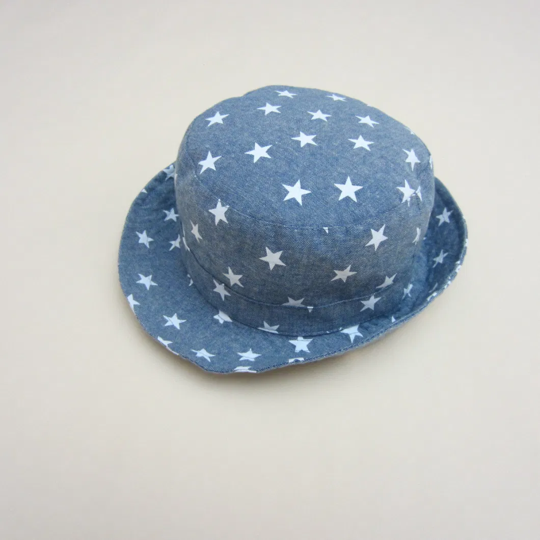 Children&prime;s Fisherman Visor Boy&prime;s Spring Summer Fall Denim Star Printed Sun Protect Large Brim Basin Cowboy Bucket Hat