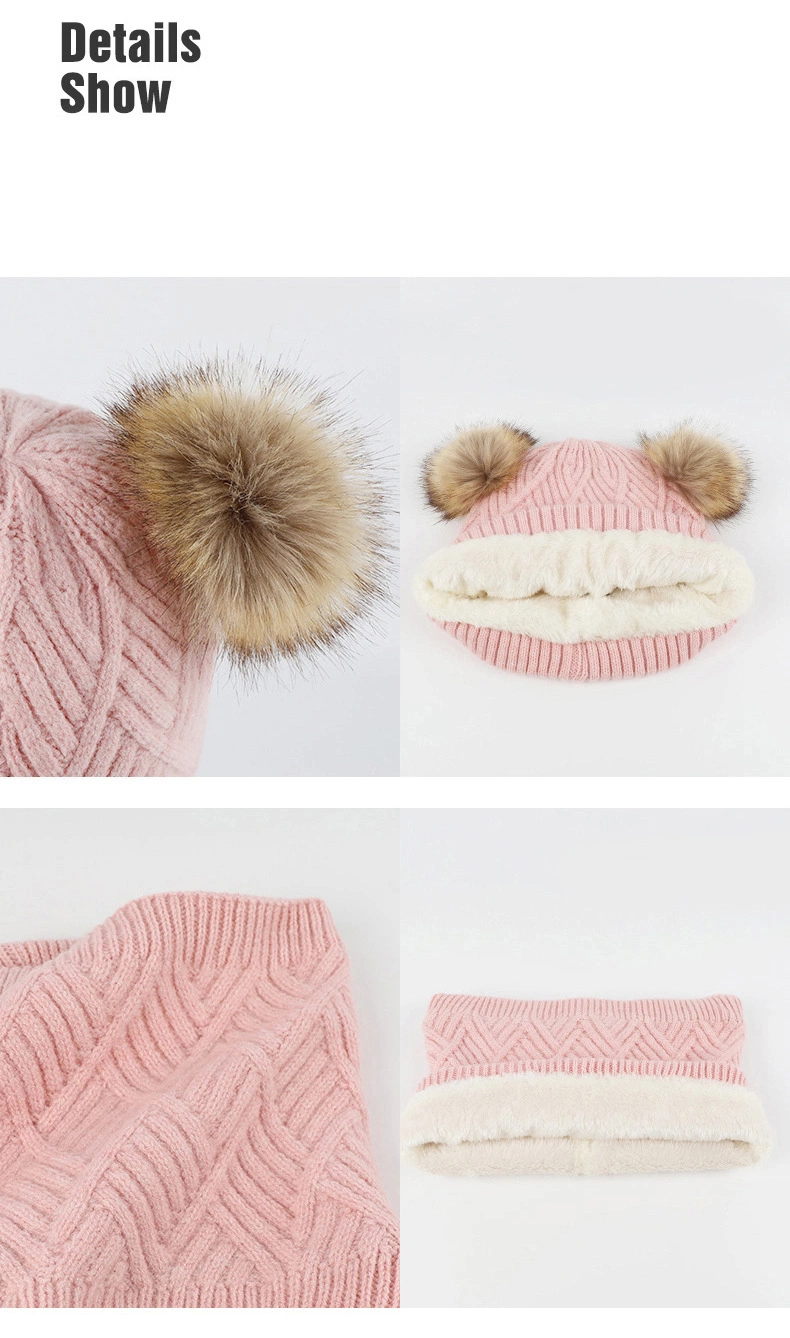 Cute Children&prime;s Winter Wool Warm Knit Hat and Neck Gaiter 3-Piece Set