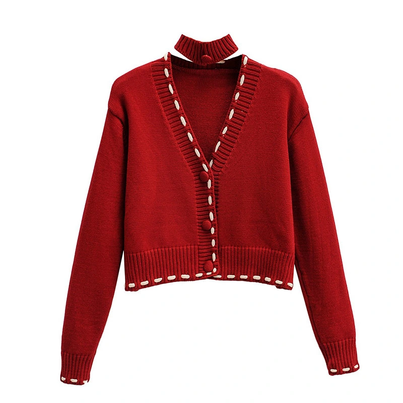 Ladies Red Knitted Cardigan Halter Neck Special Design