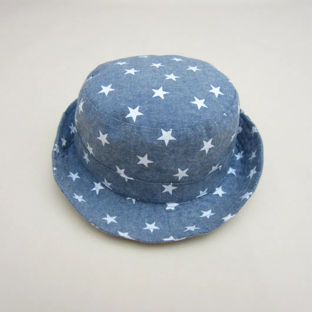 Children&prime;s Fisherman Visor Boy&prime;s Spring Summer Fall Denim Star Printed Sun Protect Large Brim Basin Cowboy Bucket Hat