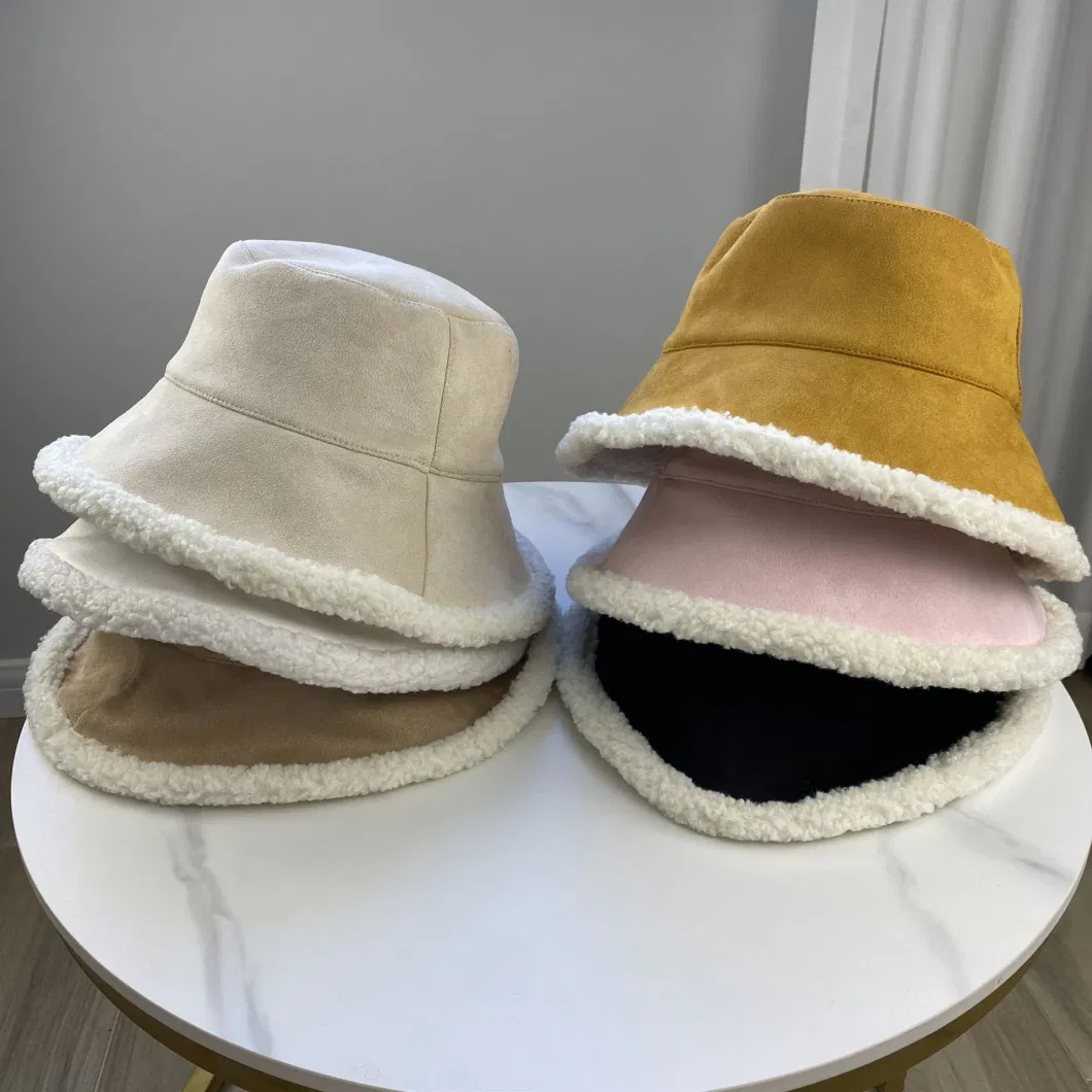 Women Winter Bucket Hat PU Leather Double-Sided Wearing Warm Bucket Cap Fisherman Hat