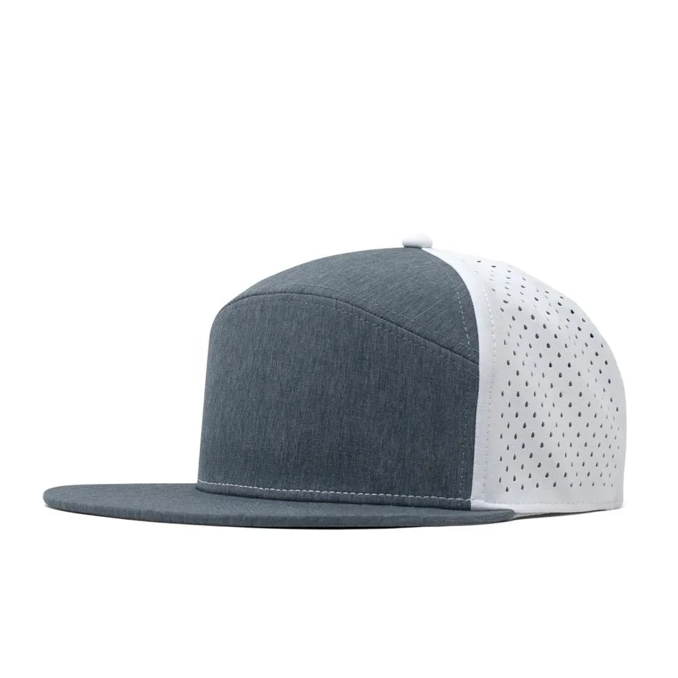 Wholesale Low MOQ Flat Bill Fitted Custom Snapback Sports Waterproof Laser Cut 7 Panel Baseball Cap Hat