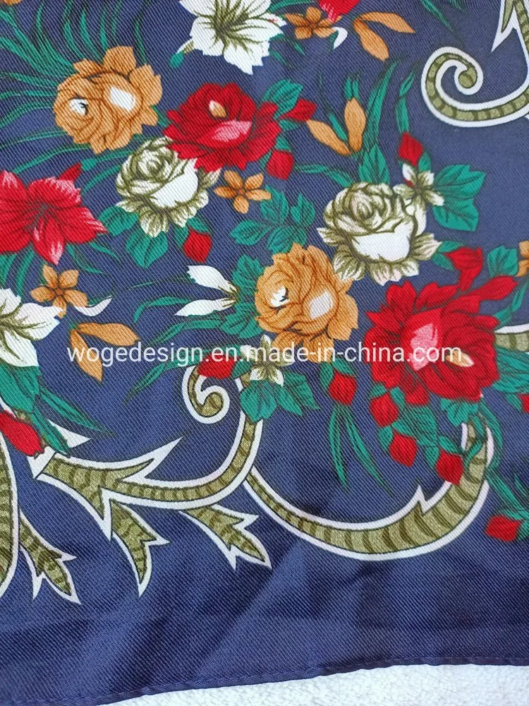 Woge Factory Bulk Sold New Unique 75*75cm Russian Muffler Headcloth Lady Print Flower Square Cotton Feeling Polyester Scarf