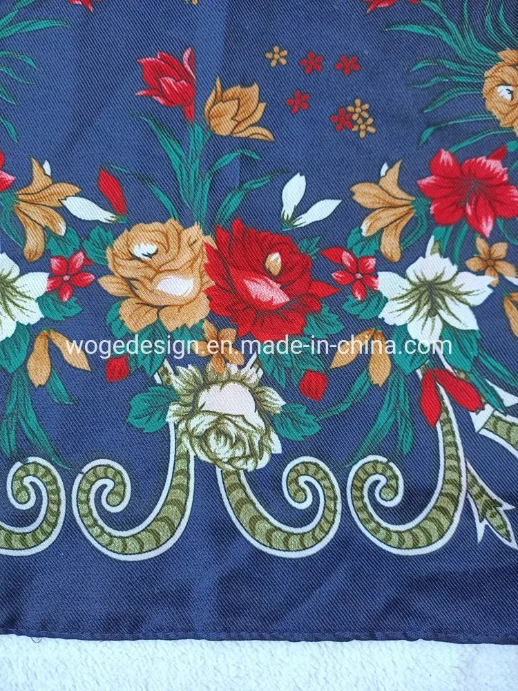 Woge Factory Bulk Sold New Unique 75*75cm Russian Muffler Headcloth Lady Print Flower Square Cotton Feeling Polyester Scarf