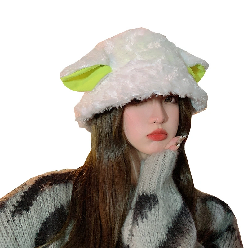 Women&prime;s Cute Sheep Ear Bucket Hat Warm Winter Fuzzy Fleece Fisherman Hat