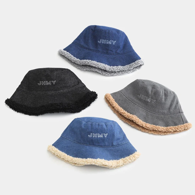 OEM Custom Embroidery Logo Plain Fluffy Fuzzy Furry Fisherman Caps Reversible Bucket Hat Denim Bucket Hat Fur Buckets Hats