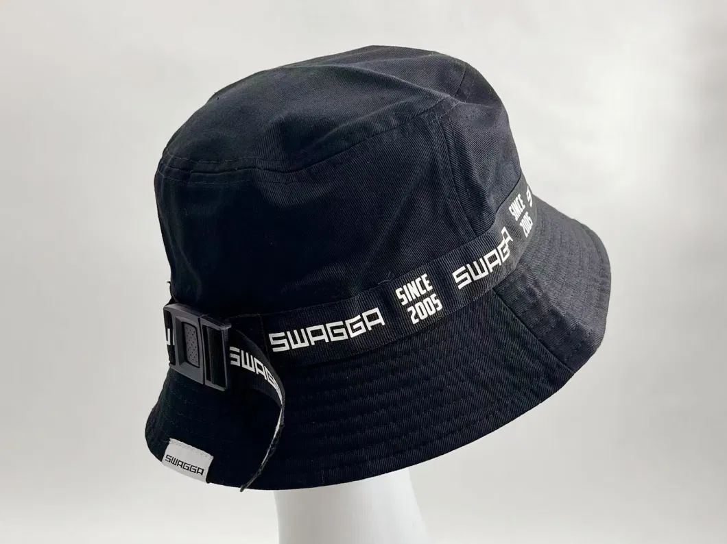 Simple Black Child Bucket Hat with Print Ribbon and Decoration Button