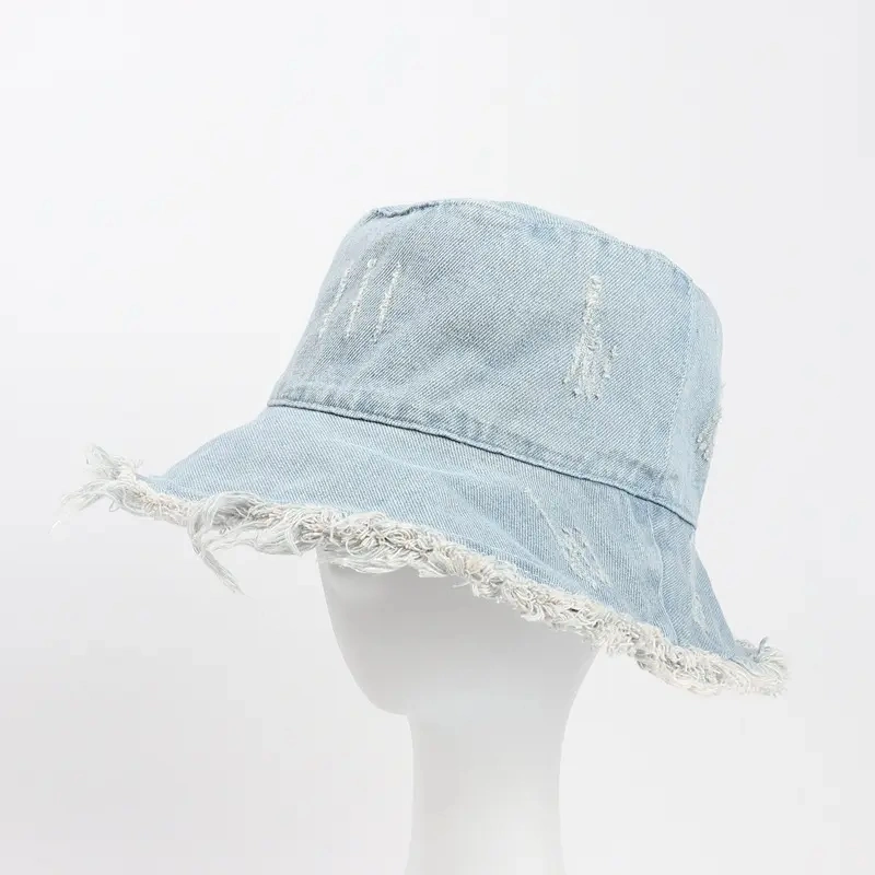 Custom Women Denim Fisherman Hat Embroidery Flat Top Wide Brim Bucket Hat