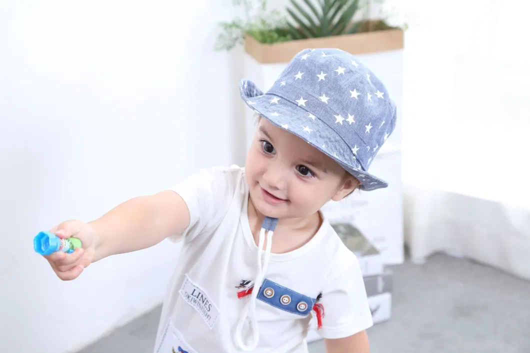 Children&prime;s Fisherman Visor Boy&prime;s Spring Summer Fall Denim Star Printed Sun Protect Large Brim Basin Cowboy Bucket Hat