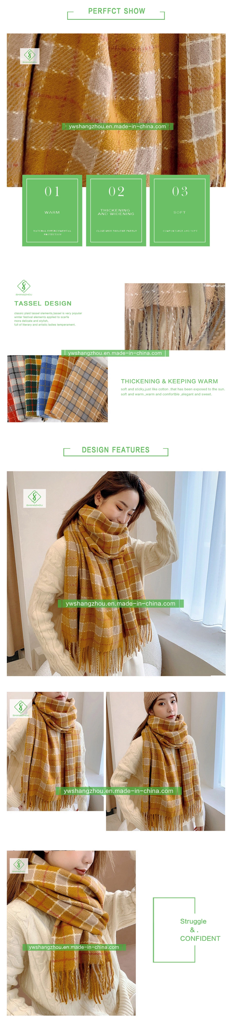 Fashion Plaid Cashmere Shawl Long Lady Scarf with Tassel Winter