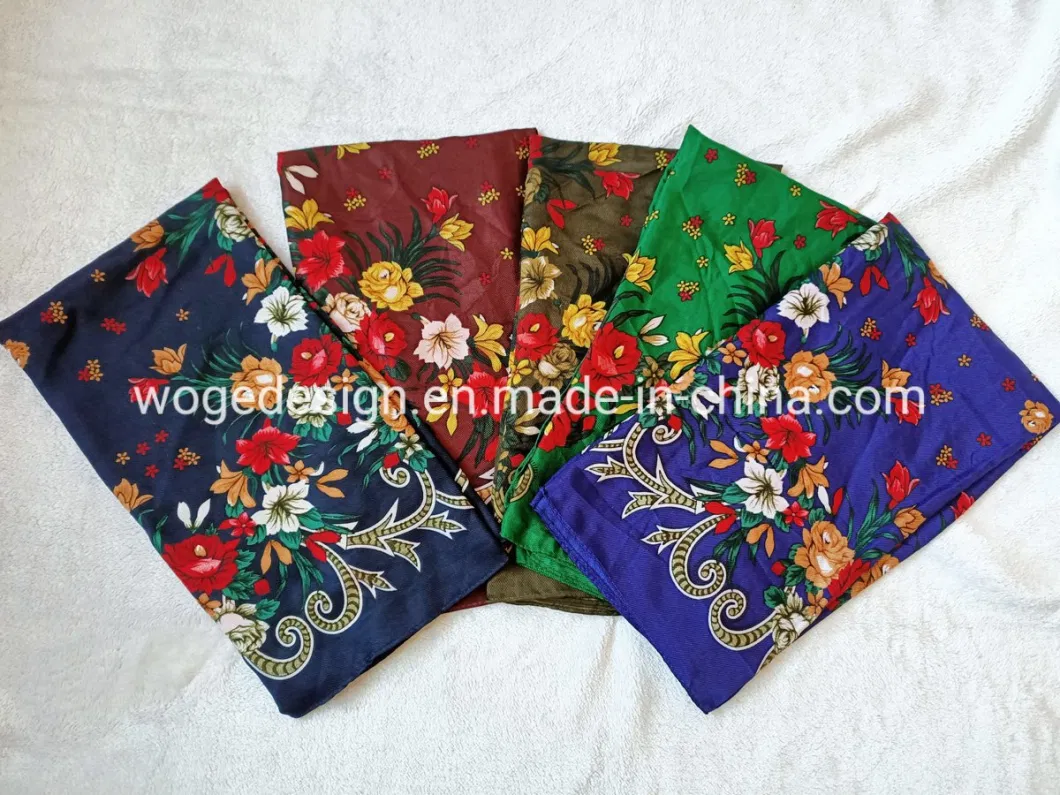 Woge Factory Bulk Sold New Unique 75*75cm Russian Muffler Headcloth Lady Print Flower Square Cotton Feeling Polyester Scarf