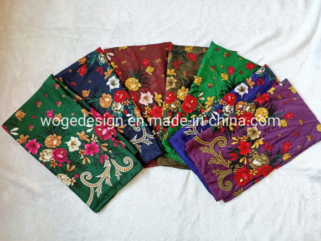 Woge Factory Bulk Sold New Unique 75*75cm Russian Muffler Headcloth Lady Print Flower Square Cotton Feeling Polyester Scarf