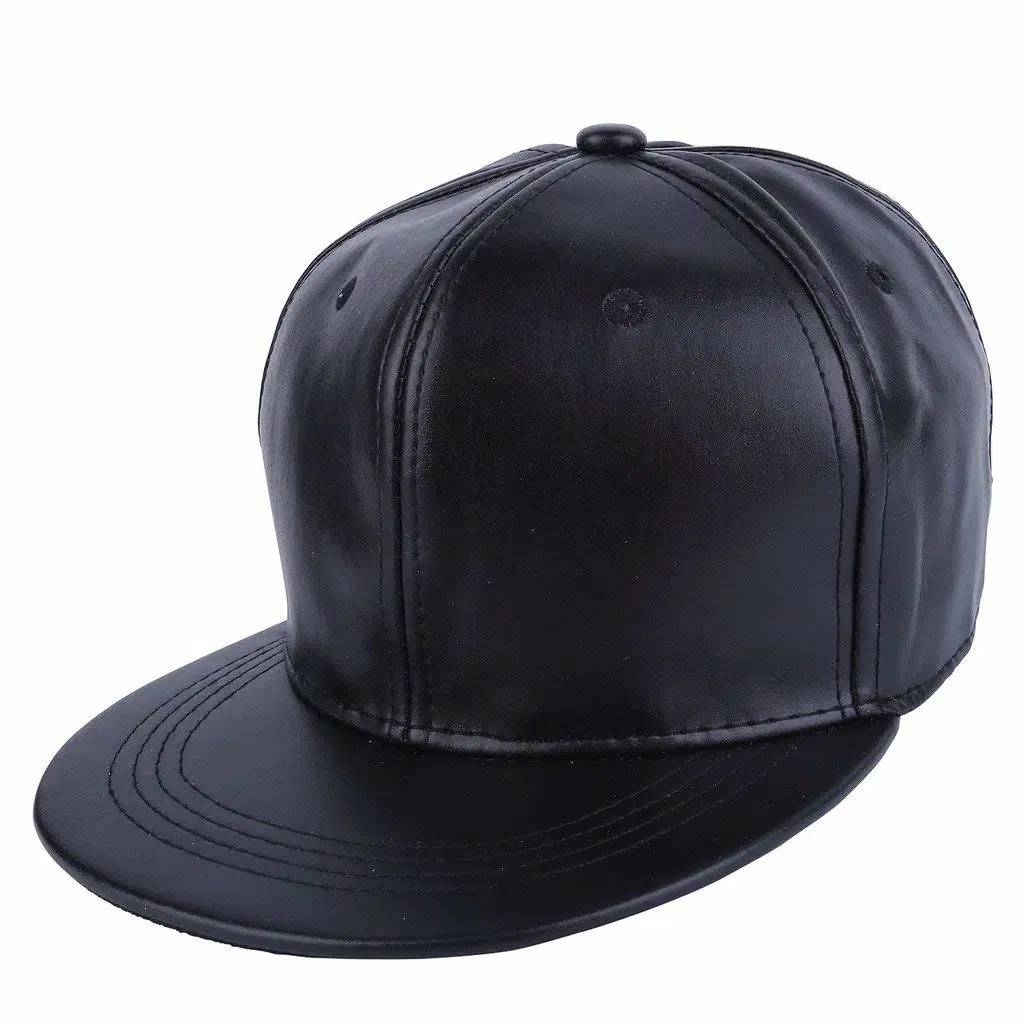 Promotioanal Men Baseball Cap Fashion Hip-Hop Style PU Leather Flatbill Trunker Snapback Cap Black