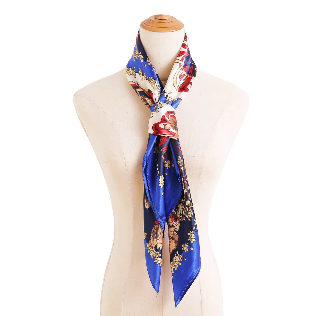 Chic Satin Lightweight Blue Floral Printed Square Silk Neck Scarves