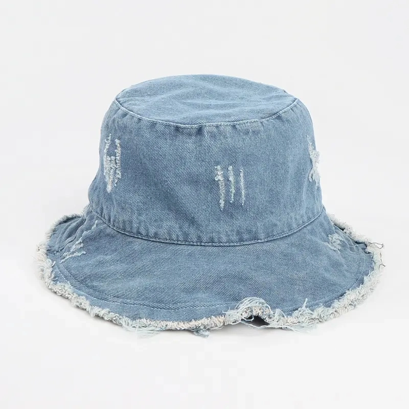 Custom Women Denim Fisherman Hat Embroidery Flat Top Wide Brim Bucket Hat