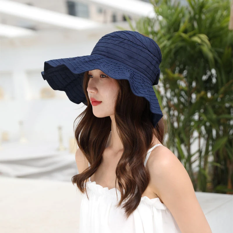 Summer UV Protection Wide Brim Visor Roll Cross Stripe Sun Hat