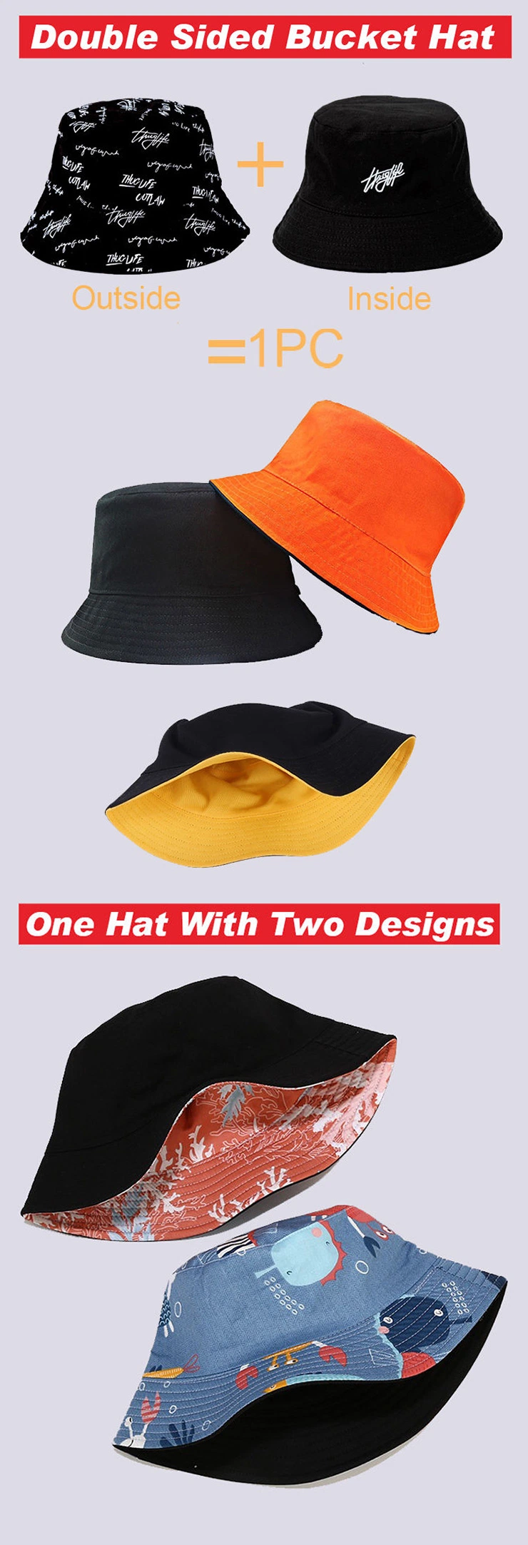 Aibort Wholesale Customized Personalized Double-Sided Design Adult and Kids Embroidered Sublimation Bucket Hat with Own Logo