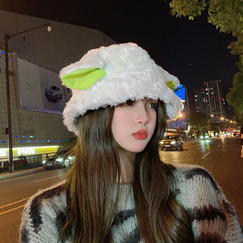 Women&prime;s Cute Sheep Ear Bucket Hat Warm Winter Fuzzy Fleece Fisherman Hat