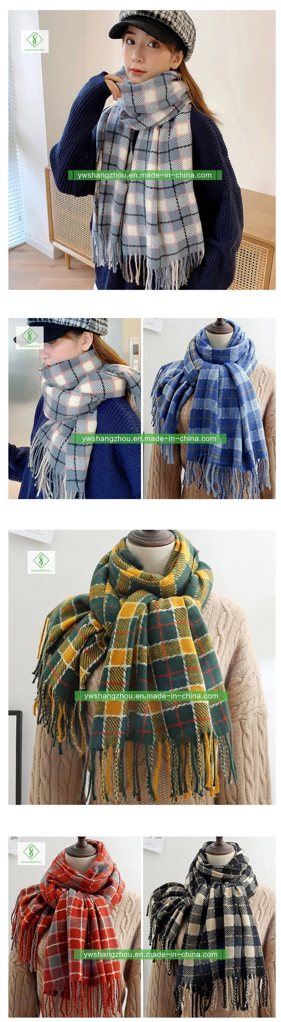 Fashion Plaid Cashmere Shawl Long Lady Scarf with Tassel Winter