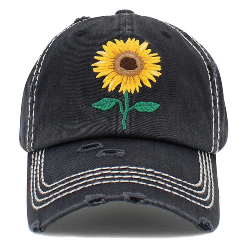 Sunflower Embroidery Customized Sports Caps Men Women Cotton Washed Vintage Dad Hat