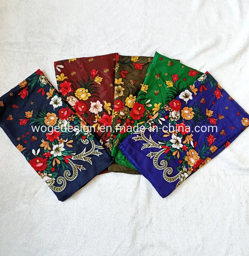 Woge Factory Bulk Sold New Unique 75*75cm Russian Muffler Headcloth Lady Print Flower Square Cotton Feeling Polyester Scarf