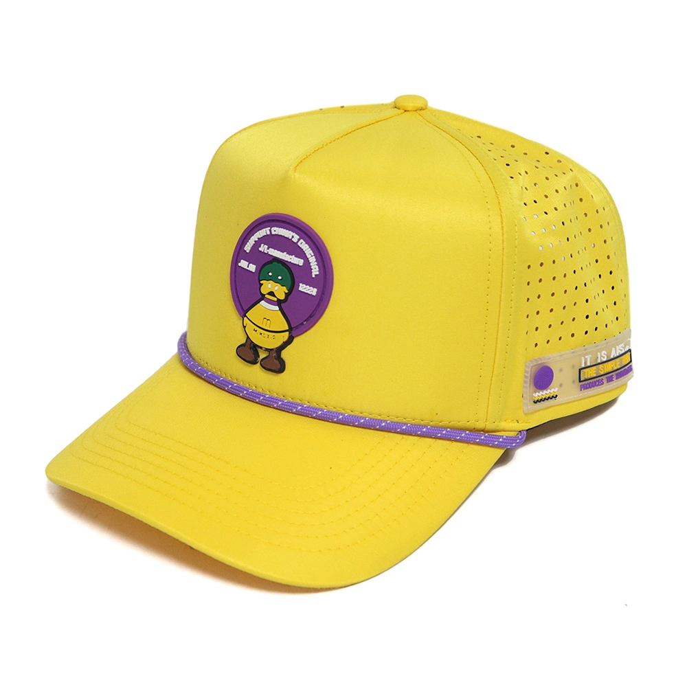 BSCI Custom Patch Logo High Quality 5 Panel Yellow Rope Baseball Hat, Waterproof Sport Baseball Cap, Laser Cut Hole Perforated Hat