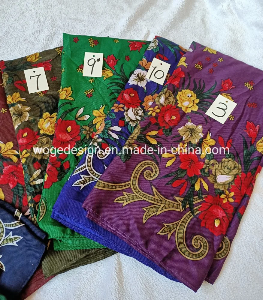 Woge Factory Bulk Sold New Unique 75*75cm Russian Muffler Headcloth Lady Print Flower Square Cotton Feeling Polyester Scarf