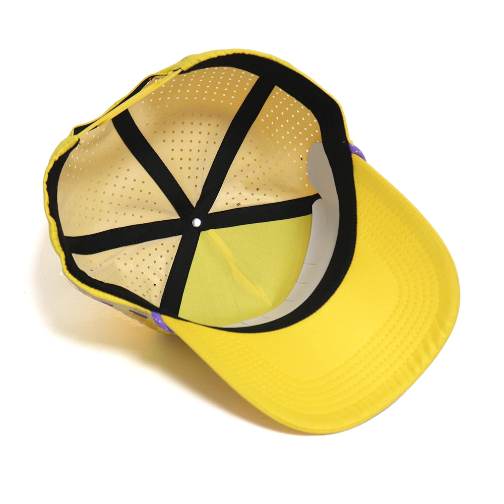 BSCI Custom Patch Logo High Quality 5 Panel Yellow Rope Baseball Hat, Waterproof Sport Baseball Cap, Laser Cut Hole Perforated Hat