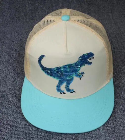 Color Contrast Sequin Embroidery Dinosaur Pattern Customizable Pattern Logo Cute Baseball Cap for Kids