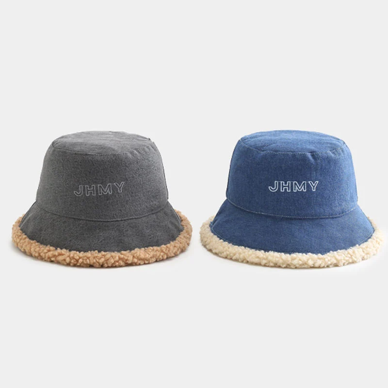 OEM Custom Embroidery Logo Plain Fluffy Fuzzy Furry Fisherman Caps Reversible Bucket Hat Denim Bucket Hat Fur Buckets Hats