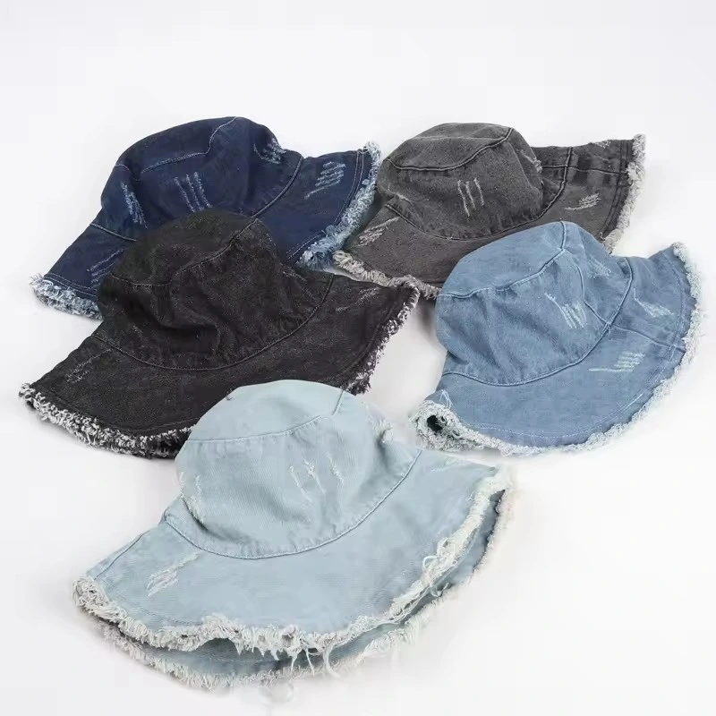 Custom Women Denim Fisherman Hat Embroidery Flat Top Wide Brim Bucket Hat