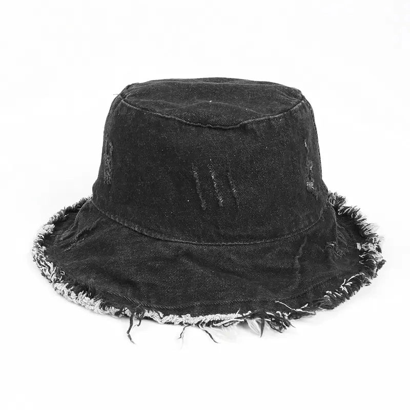Custom Women Denim Fisherman Hat Embroidery Flat Top Wide Brim Bucket Hat