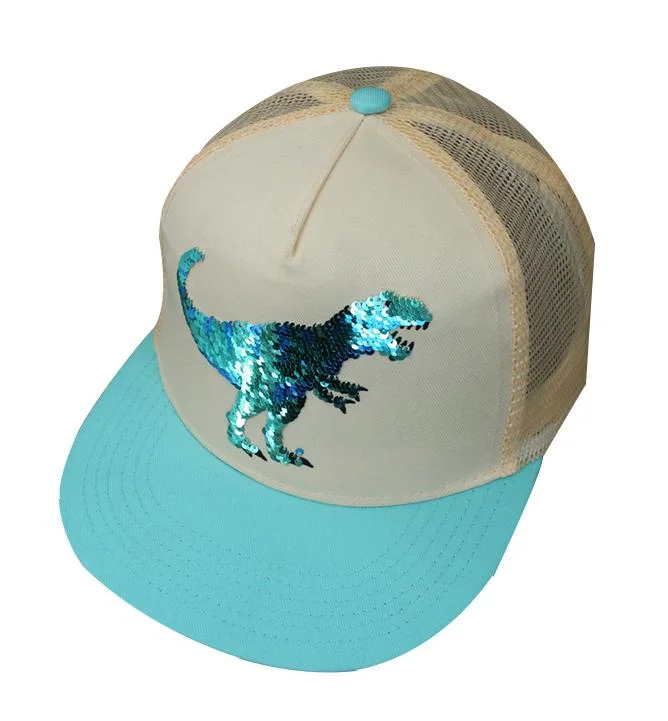 Color Contrast Sequin Embroidery Dinosaur Pattern Customizable Pattern Logo Cute Baseball Cap for Kids