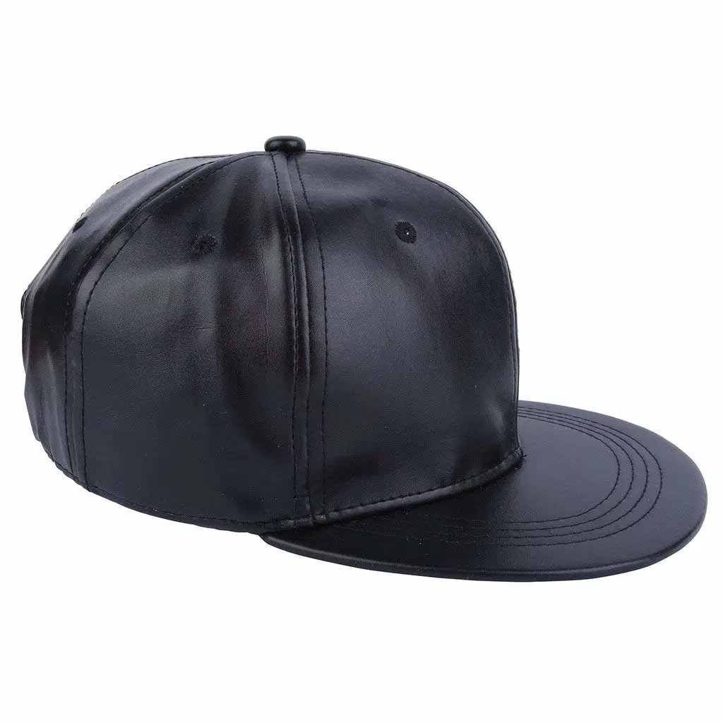 Promotioanal Men Baseball Cap Fashion Hip-Hop Style PU Leather Flatbill Trunker Snapback Cap Black