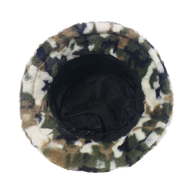 Faux Rabbit Fur Basin Cap Printed Camouflage Fisherman&prime;s Hat Warm Cap Men and Women Warm Fuzzy Custom Bucket Hats