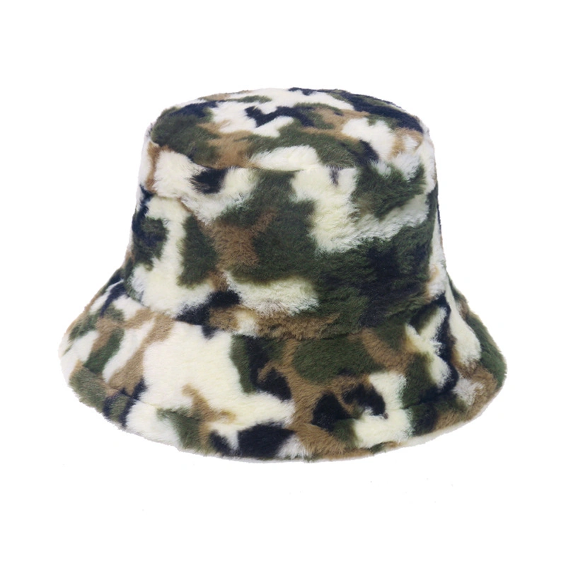 Faux Rabbit Fur Basin Cap Printed Camouflage Fisherman&prime;s Hat Warm Cap Men and Women Warm Fuzzy Custom Bucket Hats