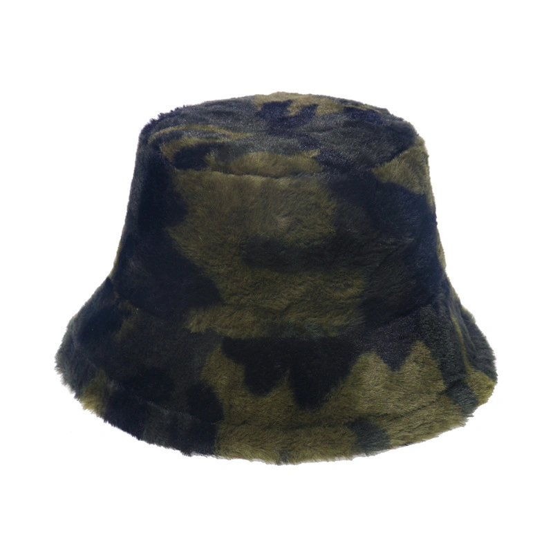 Faux Rabbit Fur Basin Cap Printed Camouflage Fisherman&prime;s Hat Warm Cap Men and Women Warm Fuzzy Custom Bucket Hats