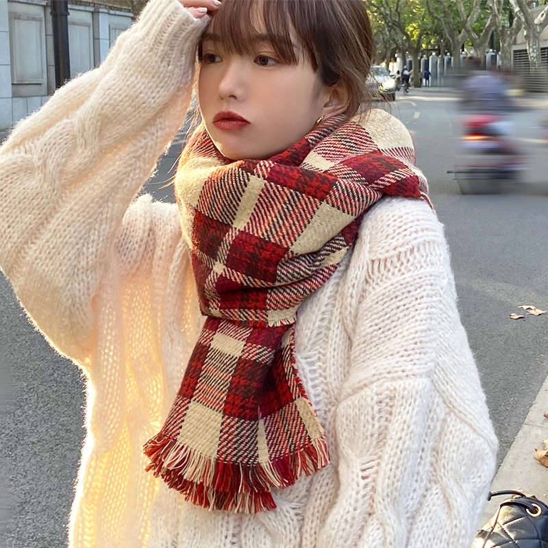 Girls Christmas Autumn Winter Red Plaid Fashion Designer Brand Double Layer Shawl Scarf for Women Students to Keep Warm