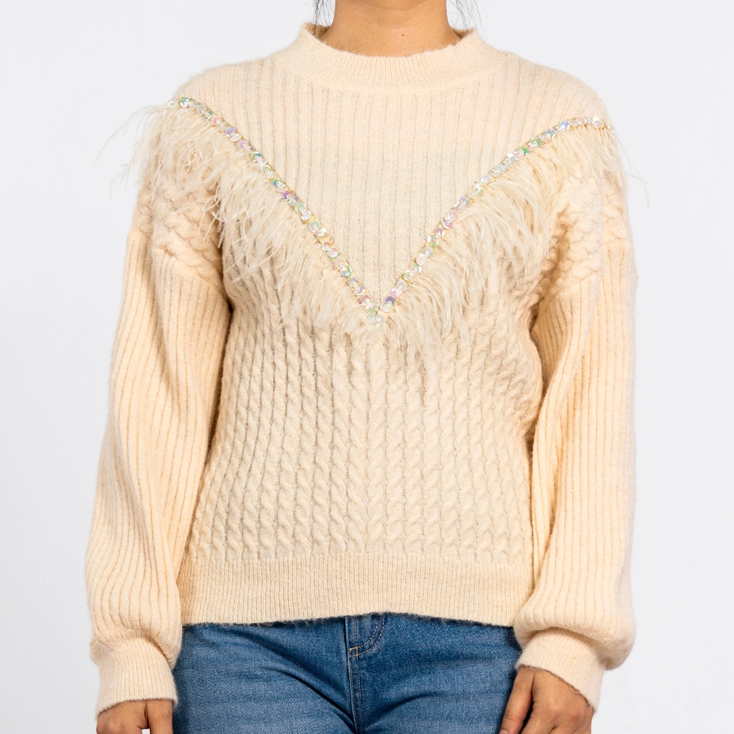 Winter Knitted Round Neck Feather Tassel Woven with Beads Long Sleeve Pullover Womens Sweaters