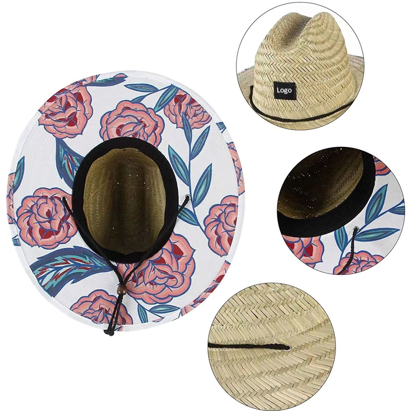 Women Mens Summer Nature Straw Hats Wide Brim Straw Lifeguard Hat Beach Sun Hat with Print Under Brim for Gardening Fishing Hiking