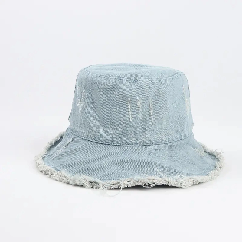 Custom Women Denim Fisherman Hat Embroidery Flat Top Wide Brim Bucket Hat