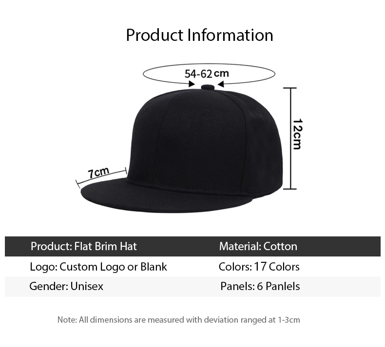 Black Blank Plain Custom Flat Peak Brim Hip Hop Sports Snapback Baseball Cap