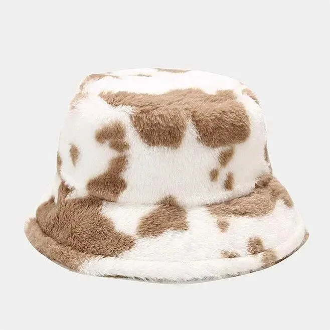 Spots Plush Faux Fur Drawstring Closure Winner Warm Fur Fisherman Hats Women&prime; S Bucket Hat Fuzzy Bucket Hats