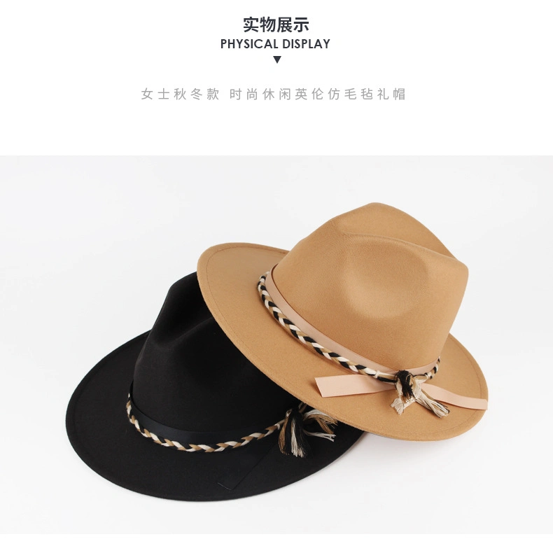 Women Lady Classic Wool Fedora Hat with Belt Buckle Felt Wide Brim Panama Hat
