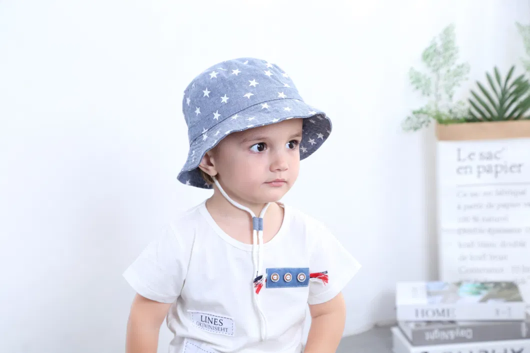 Children&prime;s Fisherman Visor Boy&prime;s Spring Summer Fall Denim Star Printed Sun Protect Large Brim Basin Cowboy Bucket Hat