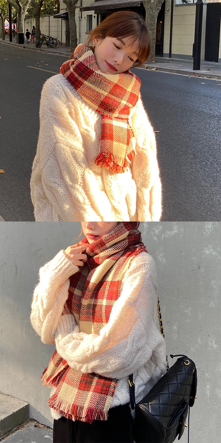 Girls Christmas Autumn Winter Red Plaid Fashion Designer Brand Double Layer Shawl Scarf for Women Students to Keep Warm