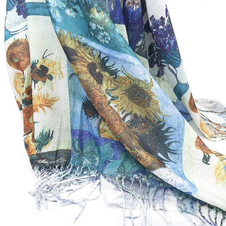 Lightweight Floral Flower Spring Large Wrap Shawls Oversized Cape Tassel Scarf Linen Scarves