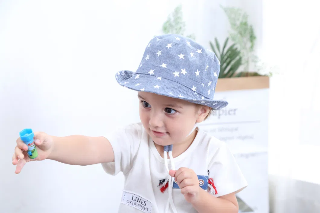 Children&prime;s Fisherman Visor Boy&prime;s Spring Summer Fall Denim Star Printed Sun Protect Large Brim Basin Cowboy Bucket Hat