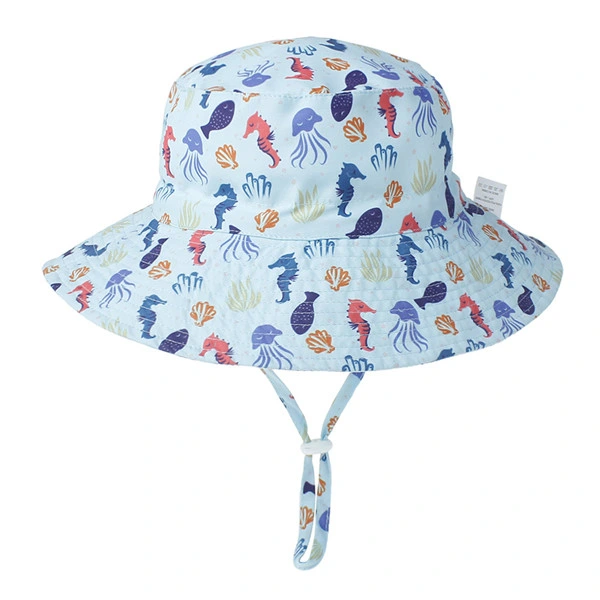 Custom New Design Kid Reversible Seersucker Bucket Baby Sun Hat with Chin Strap UV Protection